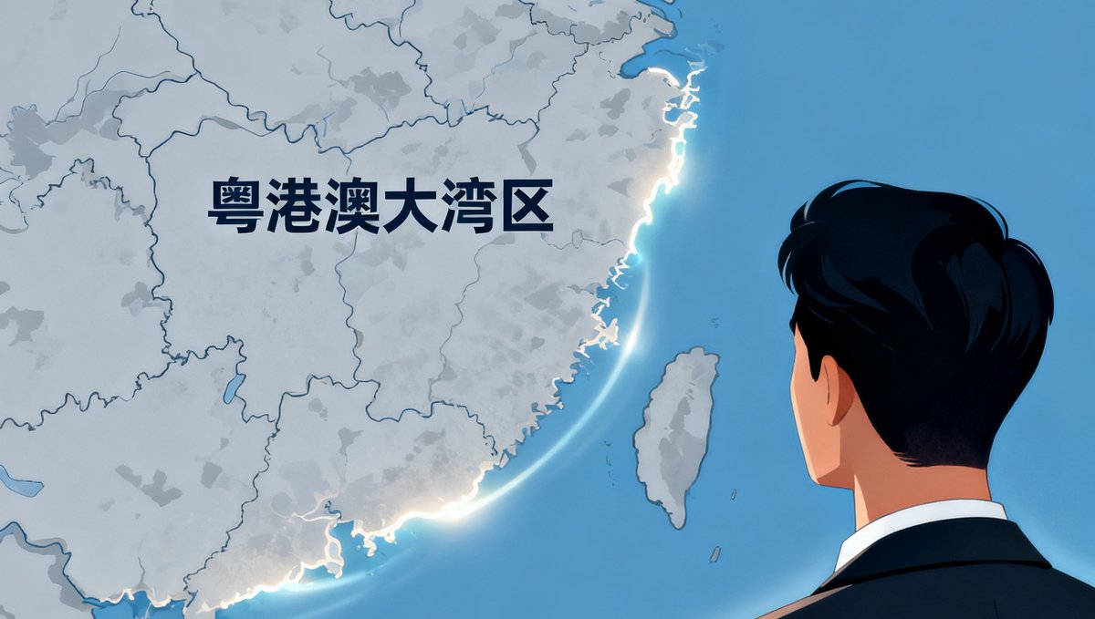 一张展示粤港澳大湾区地图与商务人士背影的合成图片，象征着区域商务一体化趋势。