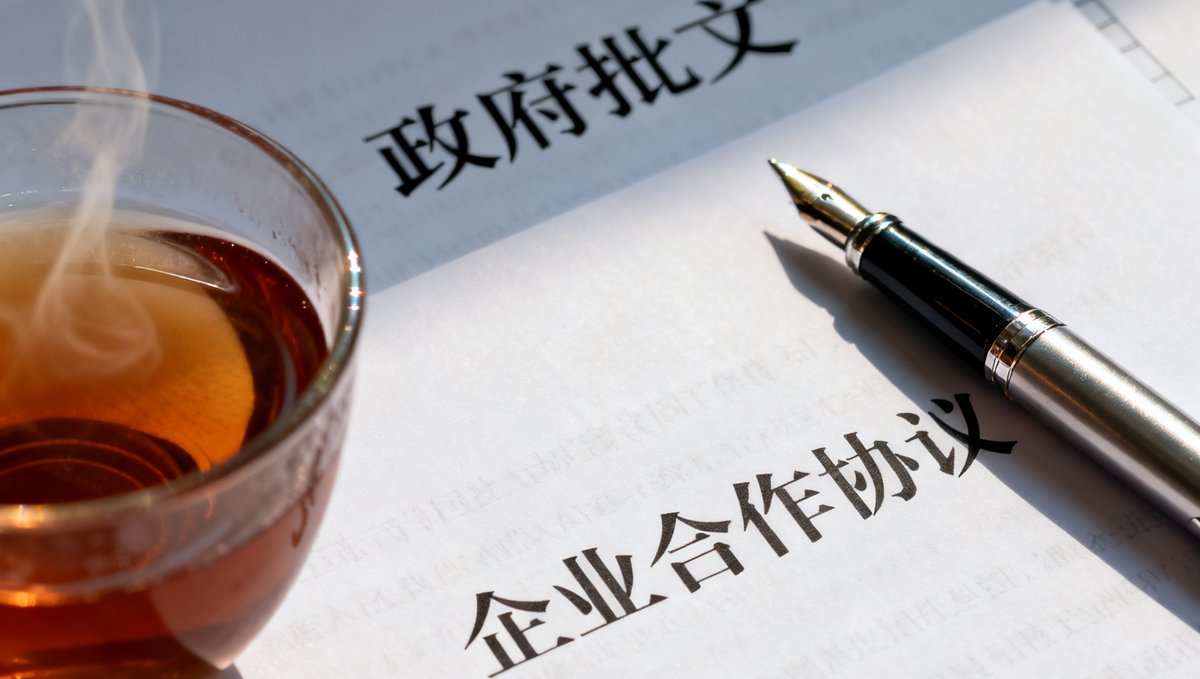 一份标注着政府批文和企业合作协议的文件特写，旁边放着一支钢笔和一杯茶。