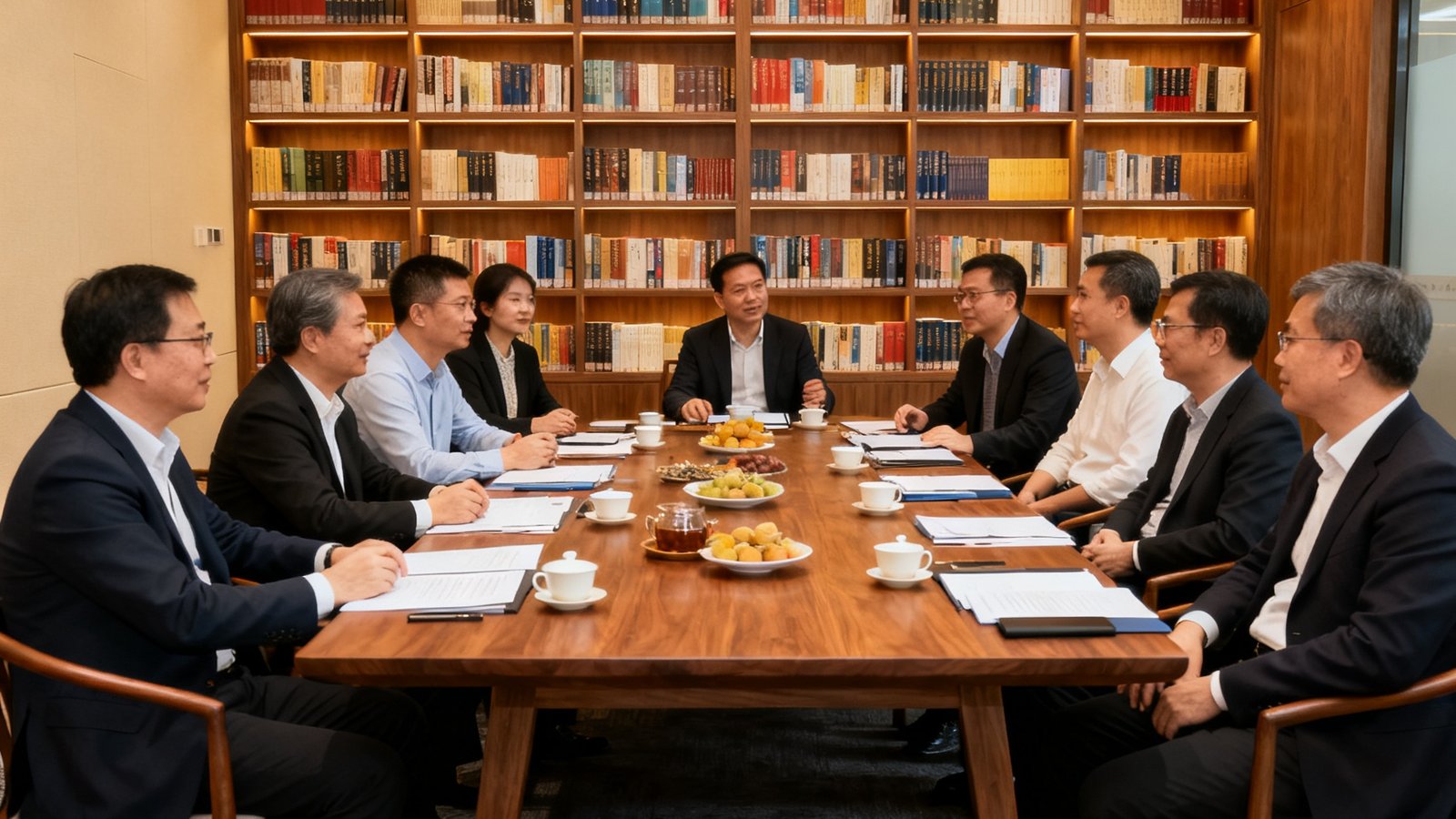 一间装修雅致的私董会会议室内，十几位广东企业家围坐在长桌旁热烈讨论，桌上摆放着茶点和文件资料，背景是一面落地书墙。