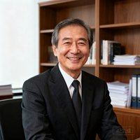 一位年约50岁的男性企业家，身穿深色西装，面带微笑，背景是办公室书架。