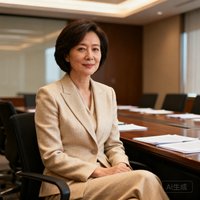 一位40岁左右的女性企业家，留着干练短发，穿着米色职业套装，坐在会议室中。