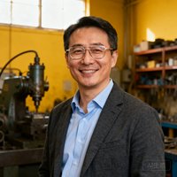 一位35岁上下的男性企业家，戴着眼镜，穿着休闲商务装，站在工厂车间前微笑。